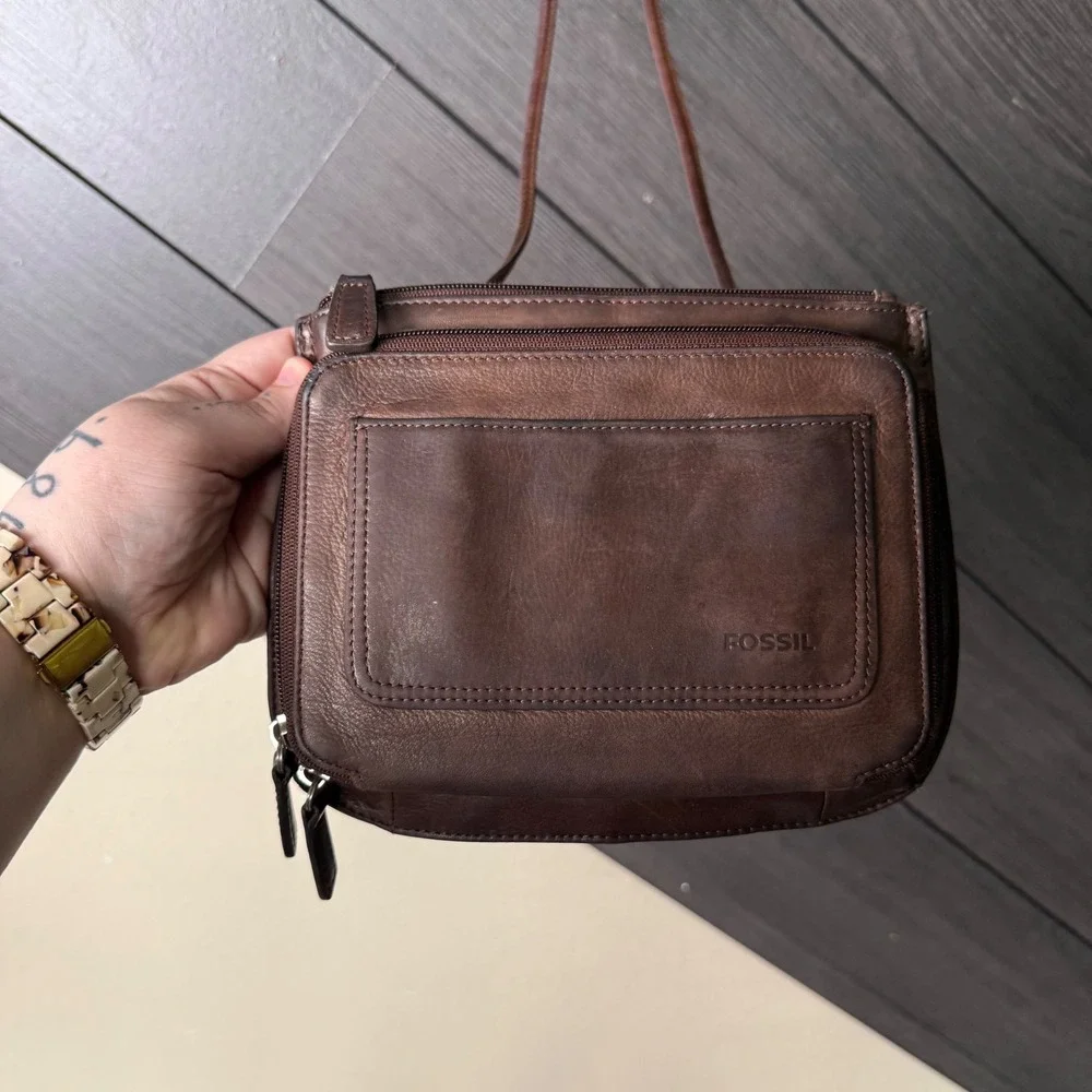 Fossil Brown Leather Organizer Crossbody Bag Wallet Purse Multi Pocket